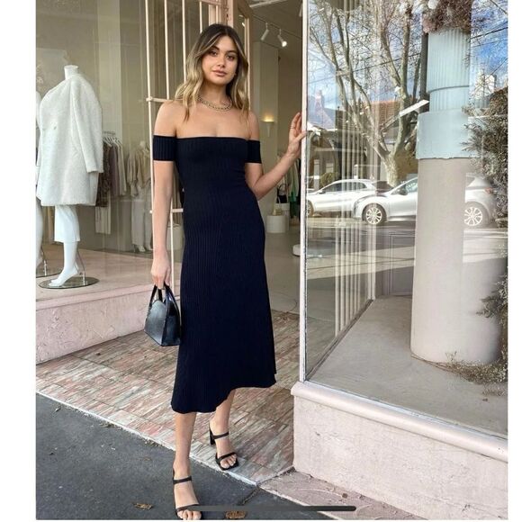 Sz 6 Anna Quan Black Valerie Off-Shoulder Knit Midi Dress - Picture 6 of 15